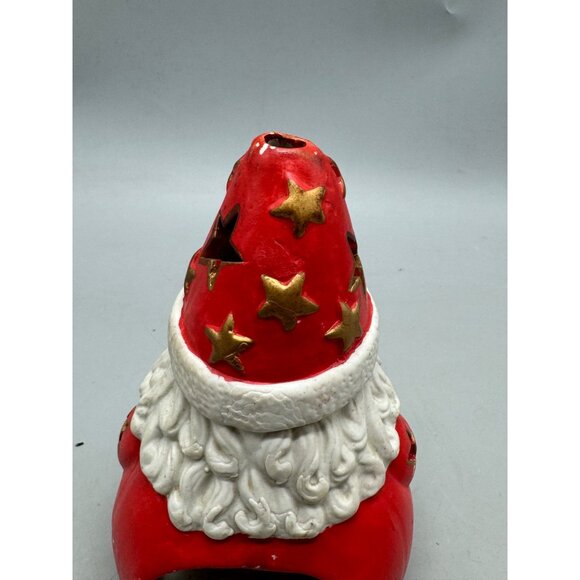 Hand-Painted Ceramic Santa Claus Candle Holder With Star Cutouts 6.5" red READ - Picture 6 of 9